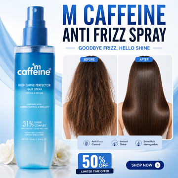 M caffeine 3-in-1 Hair Spray (Anti Frizz + Shine + Perfume) – 31% Shine Complex with Glycolic + Lactic Acid + Vitamin E – Instant Frizz Control & Humidity Protection