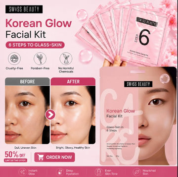 Swiss Beauty Korean Glow Facial Kit – 6 Steps to Glass-Skin – Enriched with Rice Water & Kakadu Plum – Instant Glow, Deep Hydration, Even Skin Tone – At-Home Facial Treatment